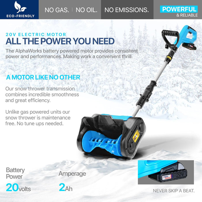 AlphaWorks Portable Electric Snow Thrower & Shovel - 20V 2Ah Cordless Battery System (Blue)
