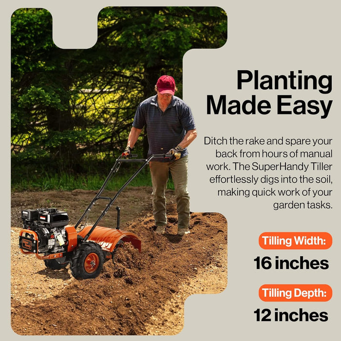 SuperHandy 7HP Rear Tine Tiller - 16" Tilling Width, 12" Depth - Advanced Soil Cultivator for Efficient Garden Prep