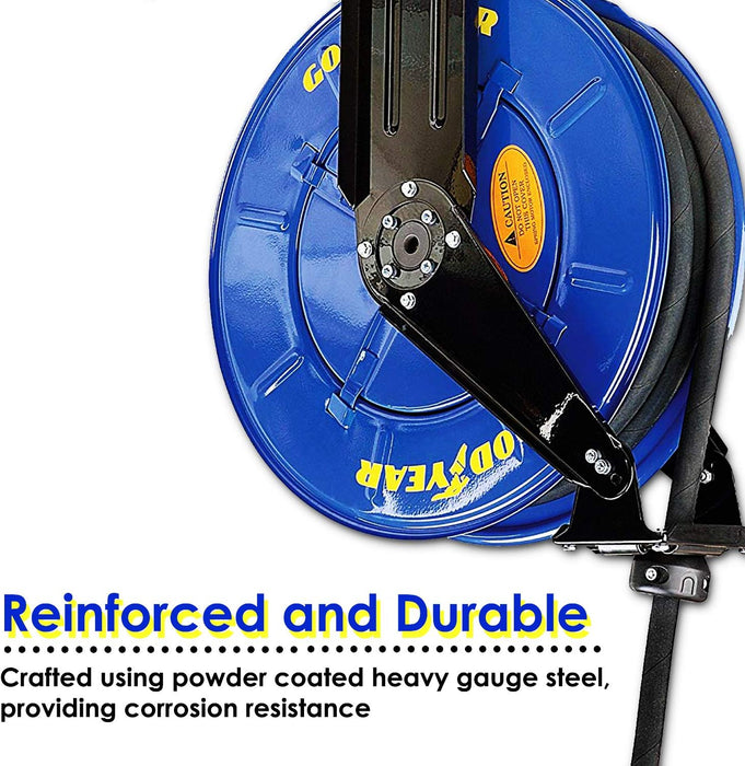 Goodyear Oil Hose Reel Retractable 1/2" Inch x 50' Foot Long Premium Commercial SAE 100R1AT Hose Max 2320 Psi Steel Construction Elite Heavy Duty Industrial Spring Driven Dual Arm and Pedestal