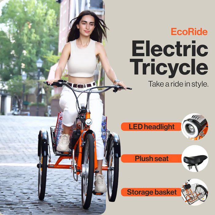 SuperHandy EcoRide Electric Adult Tricycle - 48V 2Ah Li-Ion Battery, 250W Motor, Pedal Assist