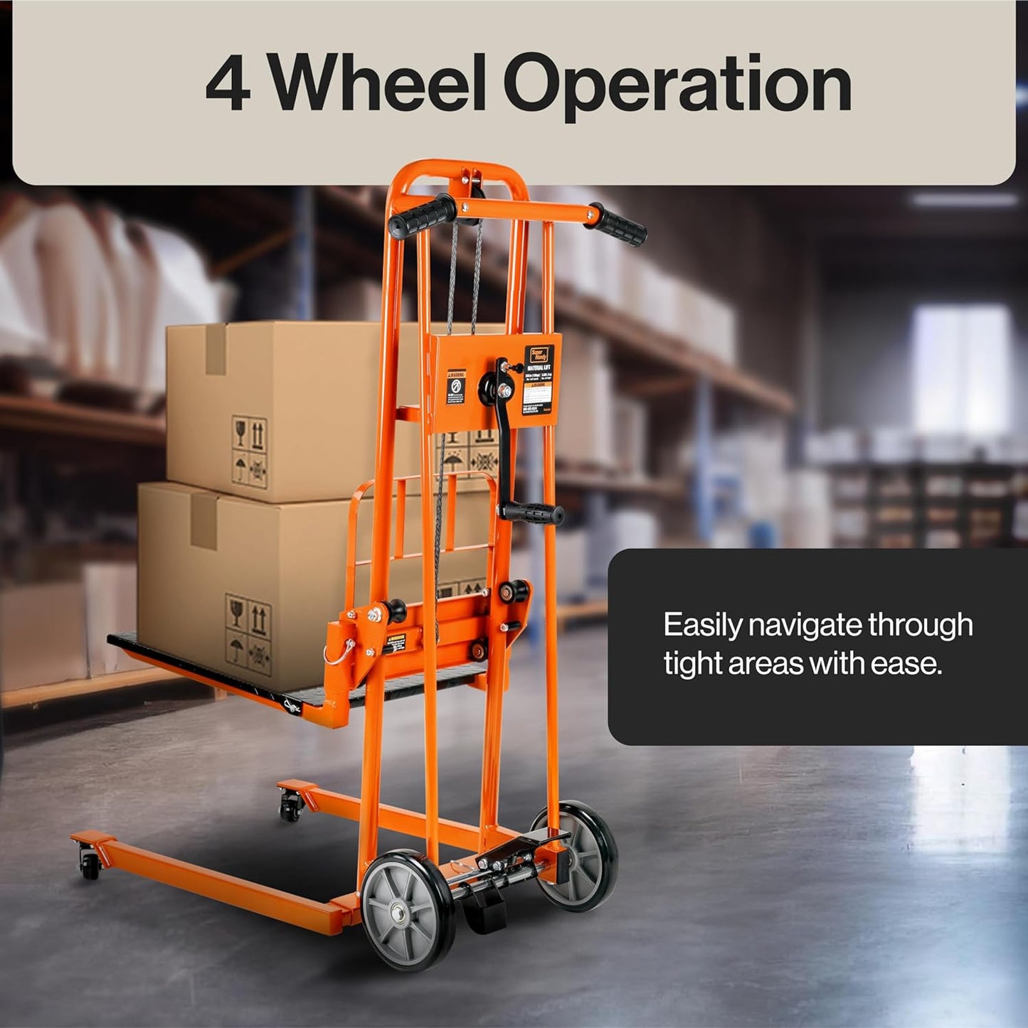 Pre-Owned SuperHandy Material Lift / Warehouse Stacker 330Lb 40" Max Lift w/ 8" Wheels, Swivel Castors