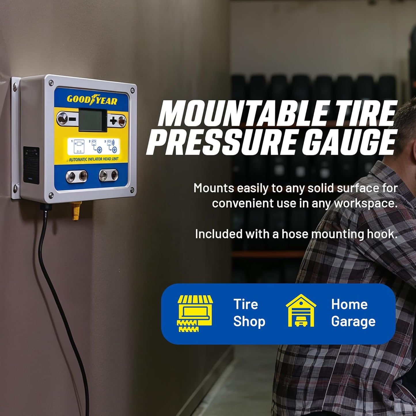 Goodyear Automatic Inflator Head Unit - Digital air Pressure Controller with air Chuck & Hose, 1/4" NPT Fittings, LCD Display, for use with External air Compressor, 10–145 PSI Range