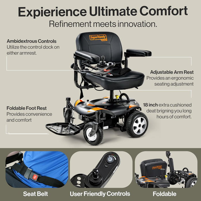 SuperHandy GoRide CRZ Power Wheelchair - 300 lbs Capacity, Rear-Wheel Drive, 6.7 Mile Range