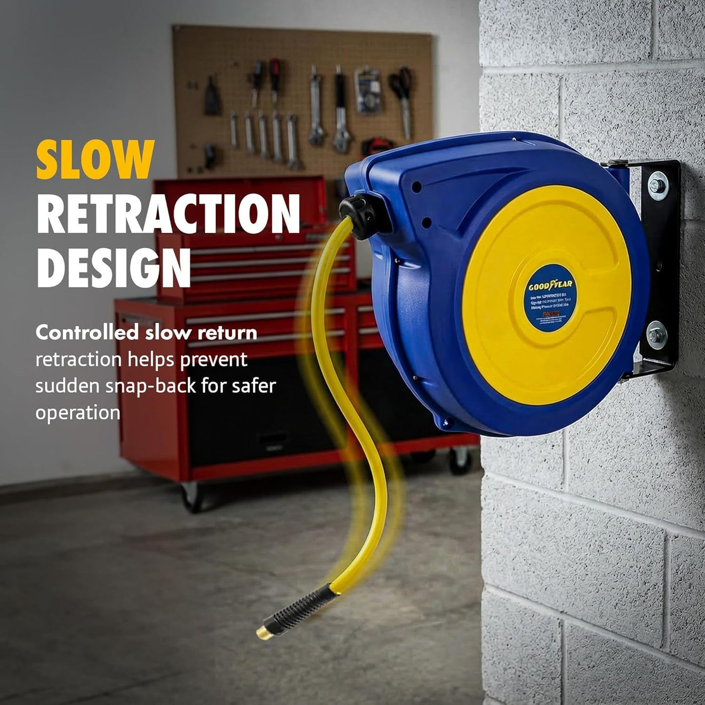 Goodyear Retractable Air Hose Reel with Safety-Speed Control, 3/8" × 50 FT, 300 PSI Hybrid Polymer Hose, Spring-Driven Automatic Rewind, Leak-Proof Swivel, Wall & Ceiling Mountable