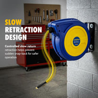 Goodyear Retractable Air Hose Reel with Safety-Speed Control, 3/8" × 50 FT, 300 PSI Hybrid Polymer Hose, Spring-Driven Automatic Rewind, Leak-Proof Swivel, Wall & Ceiling Mountable