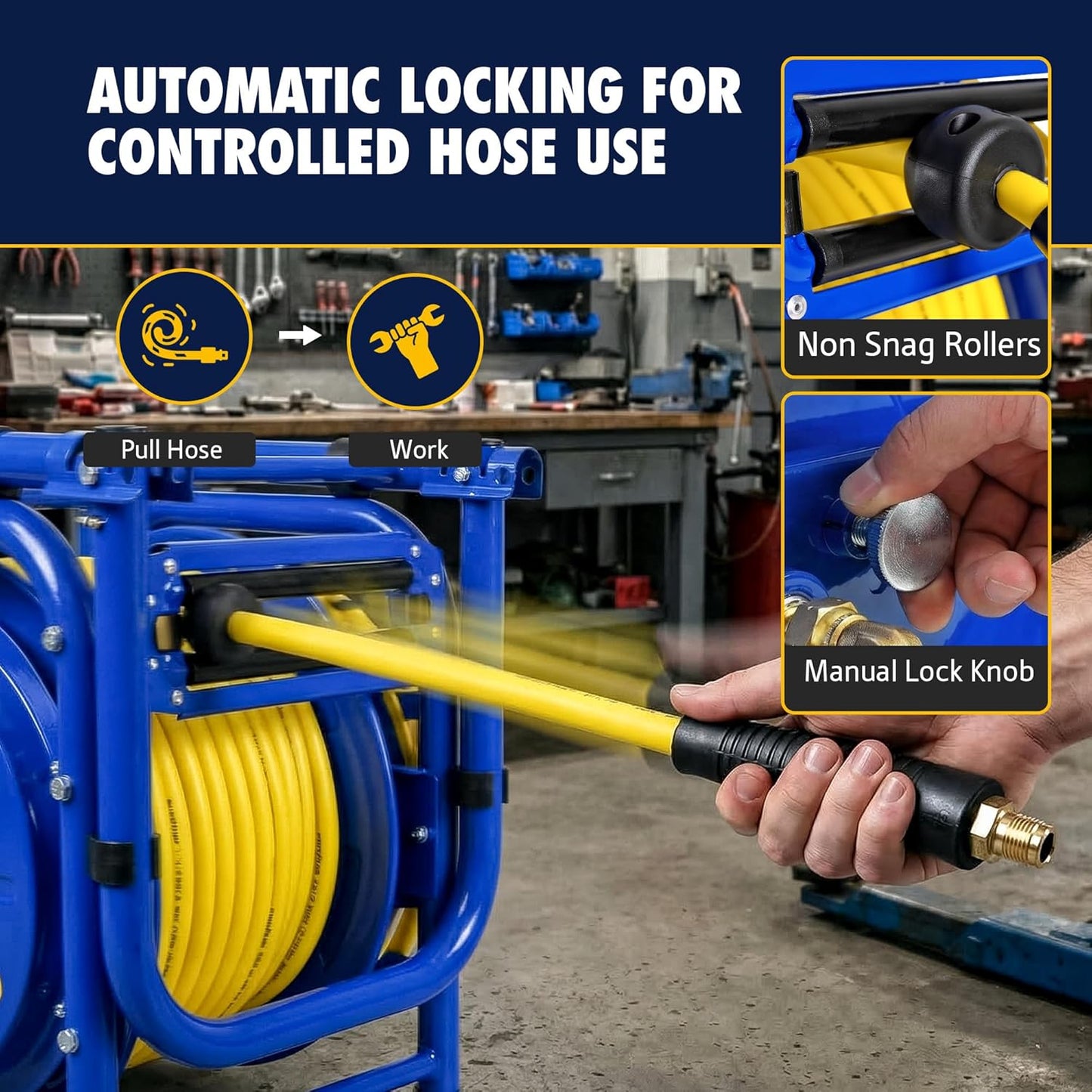 Goodyear Portable Air Hose Reel, 3/8" x 100 ft Hybrid Polymer Air Hose, 300 PSI, Foldable Handle, Dual Locking System, Easy-Move Wheels