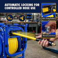 Goodyear Portable Air Hose Reel, 3/8" x 100 ft Hybrid Polymer Air Hose, 300 PSI, Foldable Handle, Dual Locking System, Easy-Move Wheels
