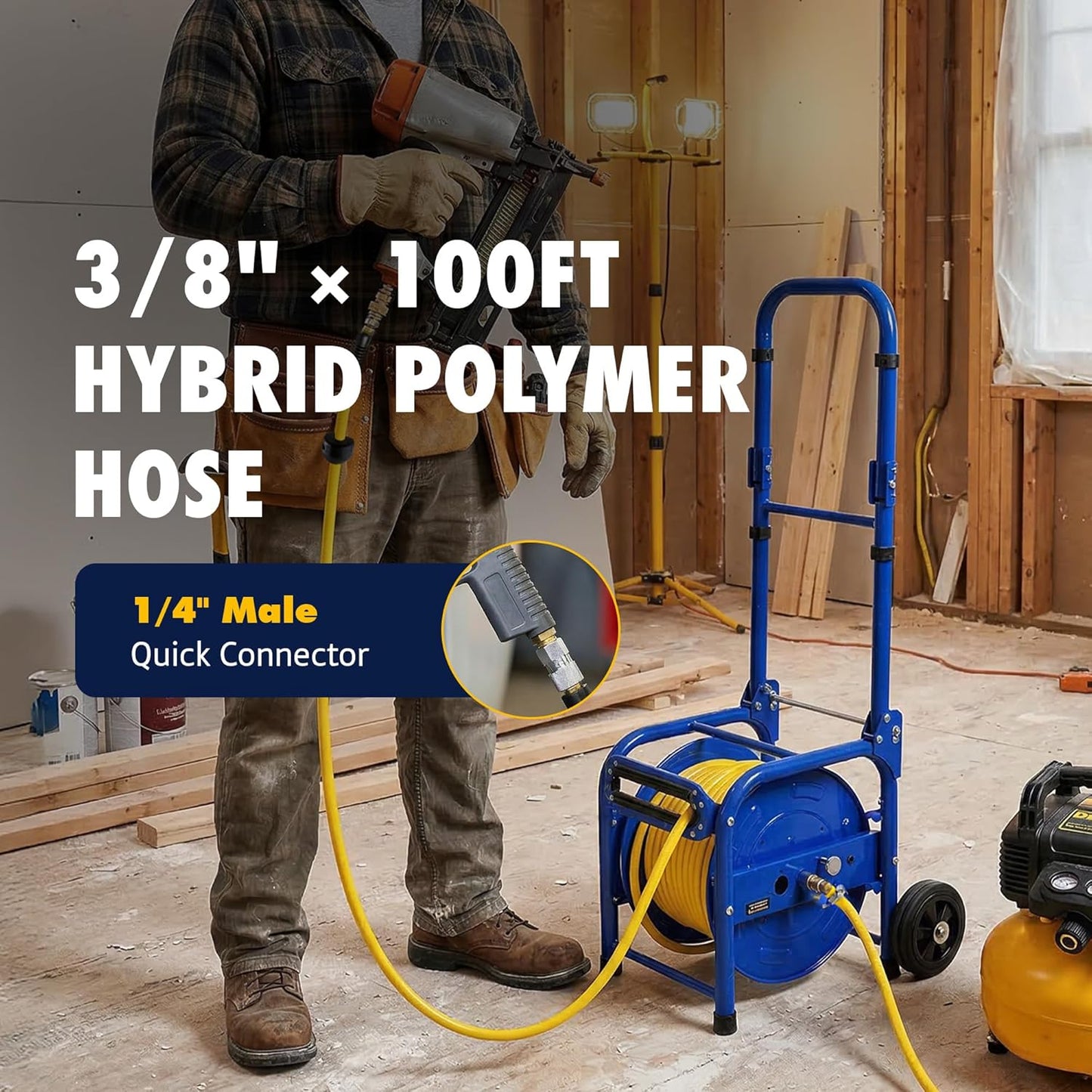 Goodyear Portable Air Hose Reel, 3/8" x 100 ft Hybrid Polymer Air Hose, 300 PSI, Foldable Handle, Dual Locking System, Easy-Move Wheels
