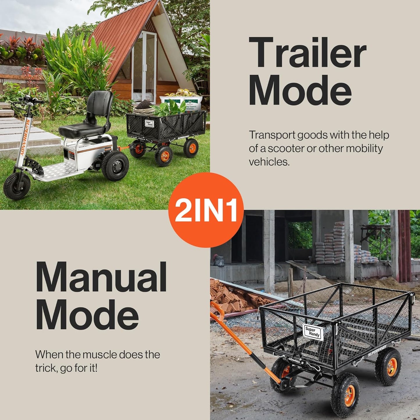 Pre-Owned SuperHandy Garden Cart with Tow & Dump Features - 10" Tires, Tugger Scooter Compatible