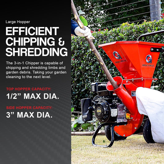 GreatCircleUSA 3-in-1 Wood Chipper - 7HP Engine, 3" Max Branch Capacity