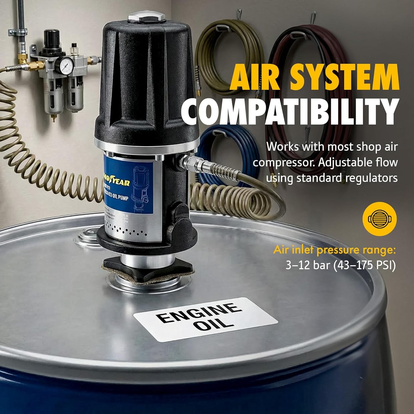 Goodyear 3:1 Heavy Duty Air-Operated Oil Pump – 11.9 GPM High-Efficiency Pneumatic Transfer Pump, Corrosion-Resistant, Icing-Free Operation, Fits 48–58 Gallon Drums