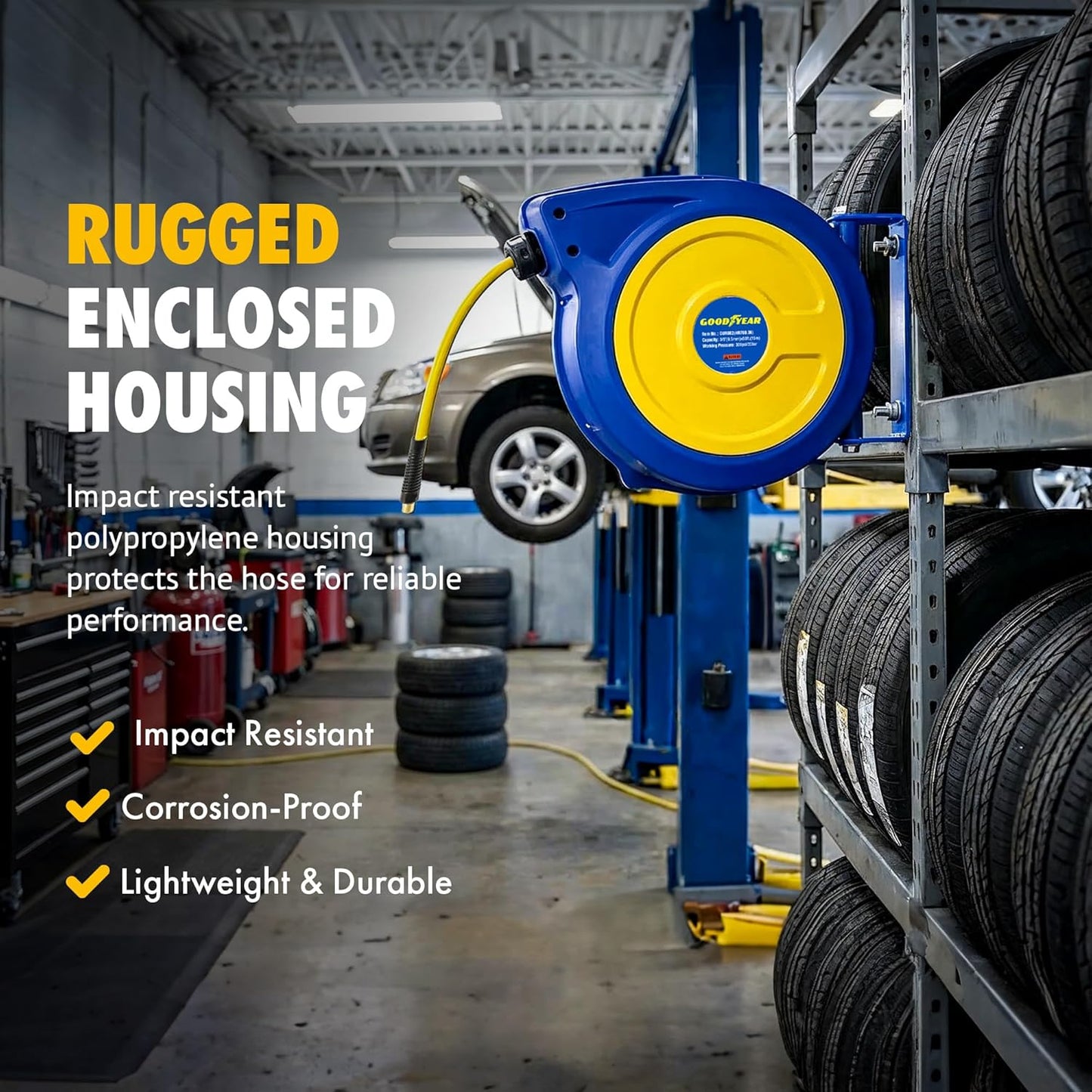 Goodyear Retractable Air Hose Reel with Safety-Speed Control, 3/8" × 50 FT, 300 PSI Hybrid Polymer Hose, Spring-Driven Automatic Rewind, Leak-Proof Swivel, Wall & Ceiling Mountable