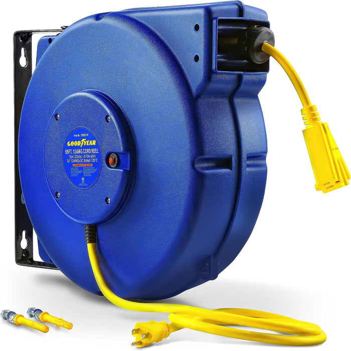 Goodyear Heavy-Duty Retractable Extension Cord Reel - 12AWG, 65' Length, Triple Tap Connector, 1875W Power