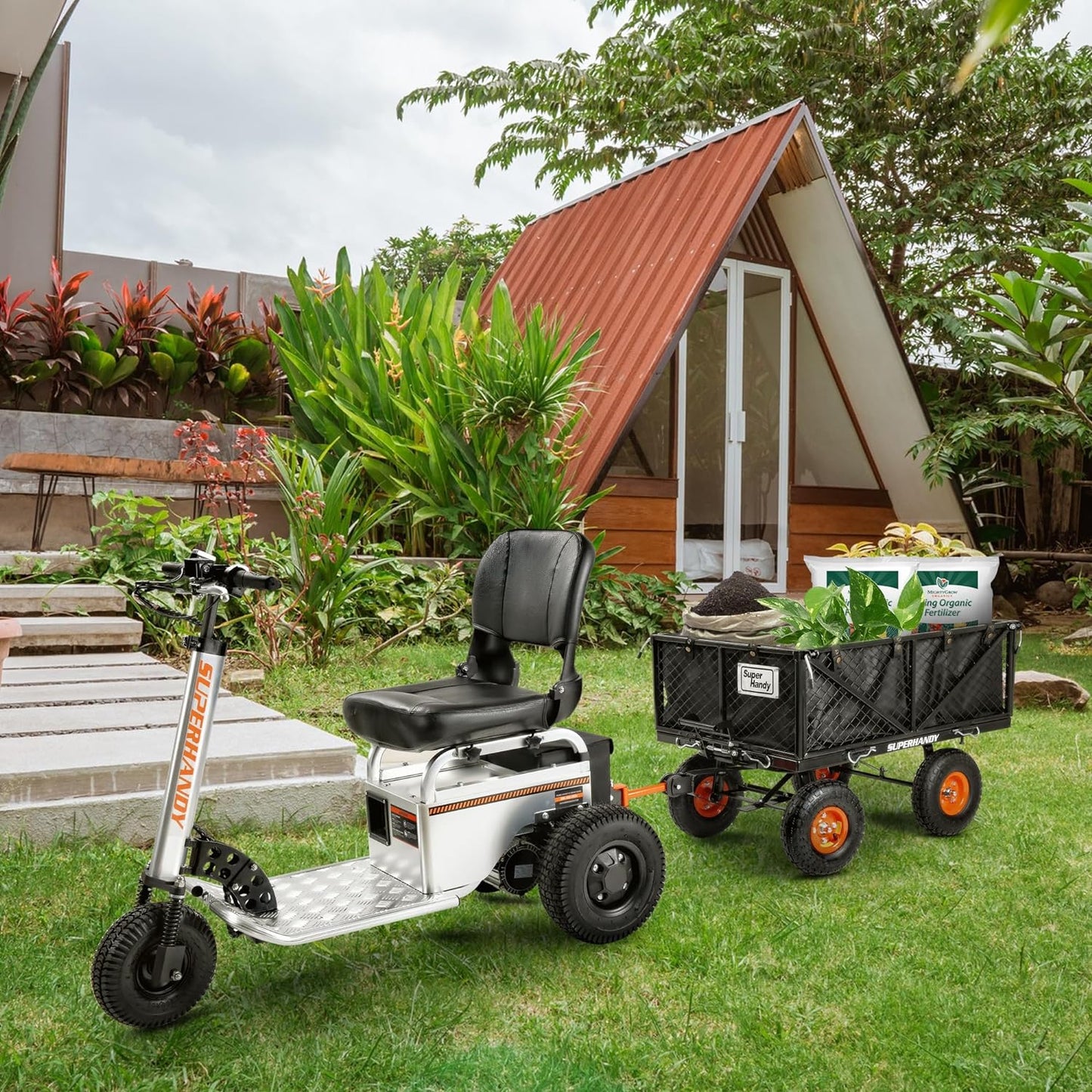 Pre-Owned SuperHandy Garden Cart with Tow & Dump Features - 10" Tires, Tugger Scooter Compatible