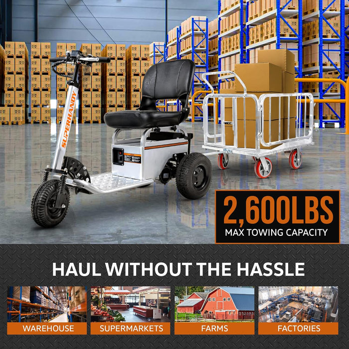 SuperHandy Electric Tugger Cart, Industrial Tow Tractor Riding Scooter - 1 Seater, 2600 lbs Towing Cap, 350 lbs Load Cap, 12V 9Ah Battery - for Warehouse Material & Mobility Personnel Transport
