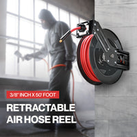 ReelWorks Air Hose Reel - 3/8" x  50FT, 1/4" Connections, Single Arm Mountable & Retractable