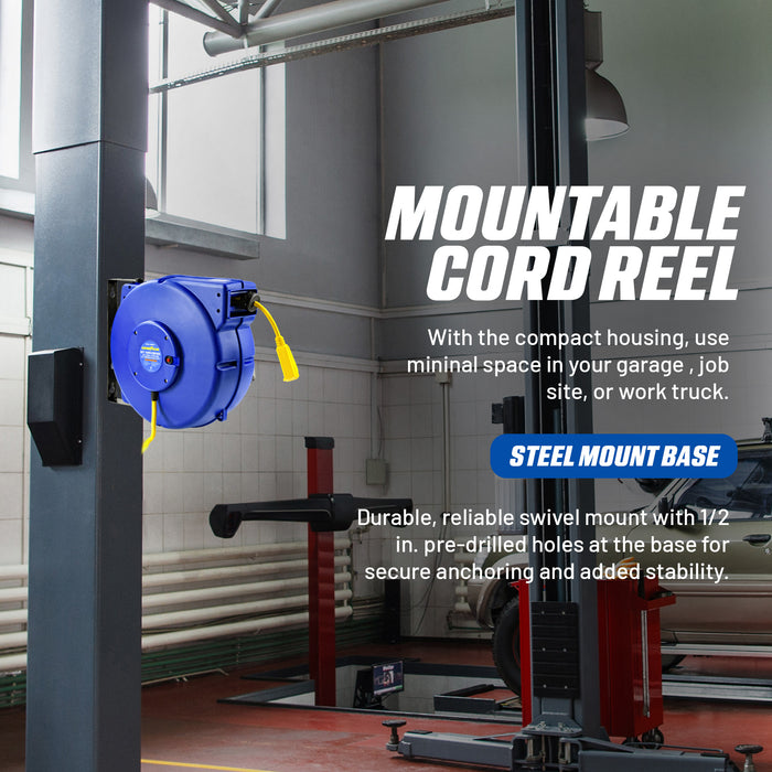 Goodyear Heavy-Duty Retractable Extension Cord Reel - 12AWG, 65' Length, Triple Tap Connector, 1875W Power