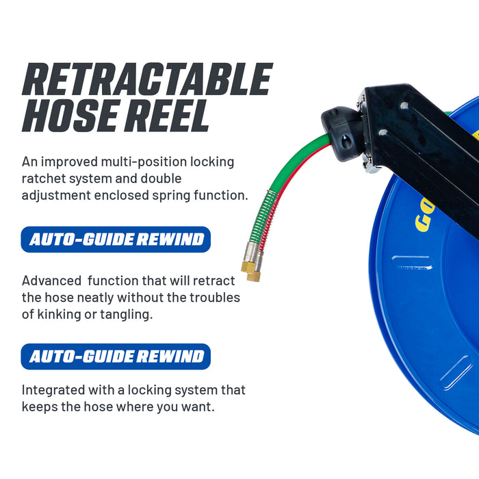 Goodyear Welding Hose Reel - 1/4" x 65' Twin Oxygen Acetylene Hoses, Single Arm, 300 PSI