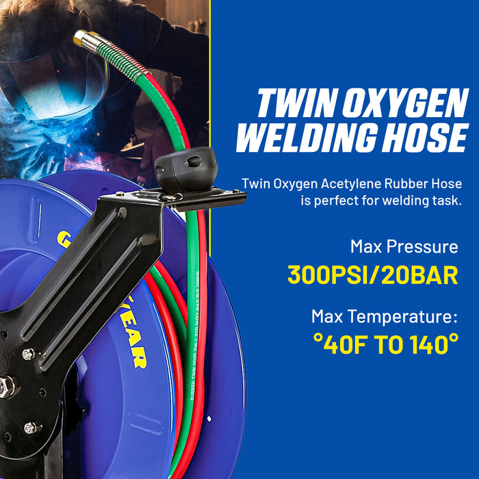 Goodyear Welding Hose Reel - 1/4" x 65' Twin Oxygen Acetylene Hoses, Single Arm, 300 PSI