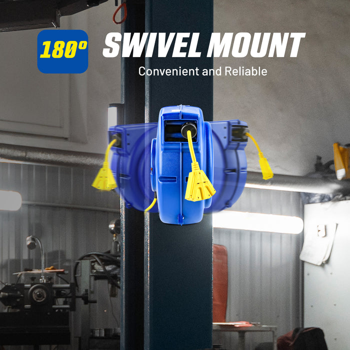 Goodyear Heavy-Duty Retractable Extension Cord Reel - 12AWG, 65' Length, Triple Tap Connector, 1875W Power