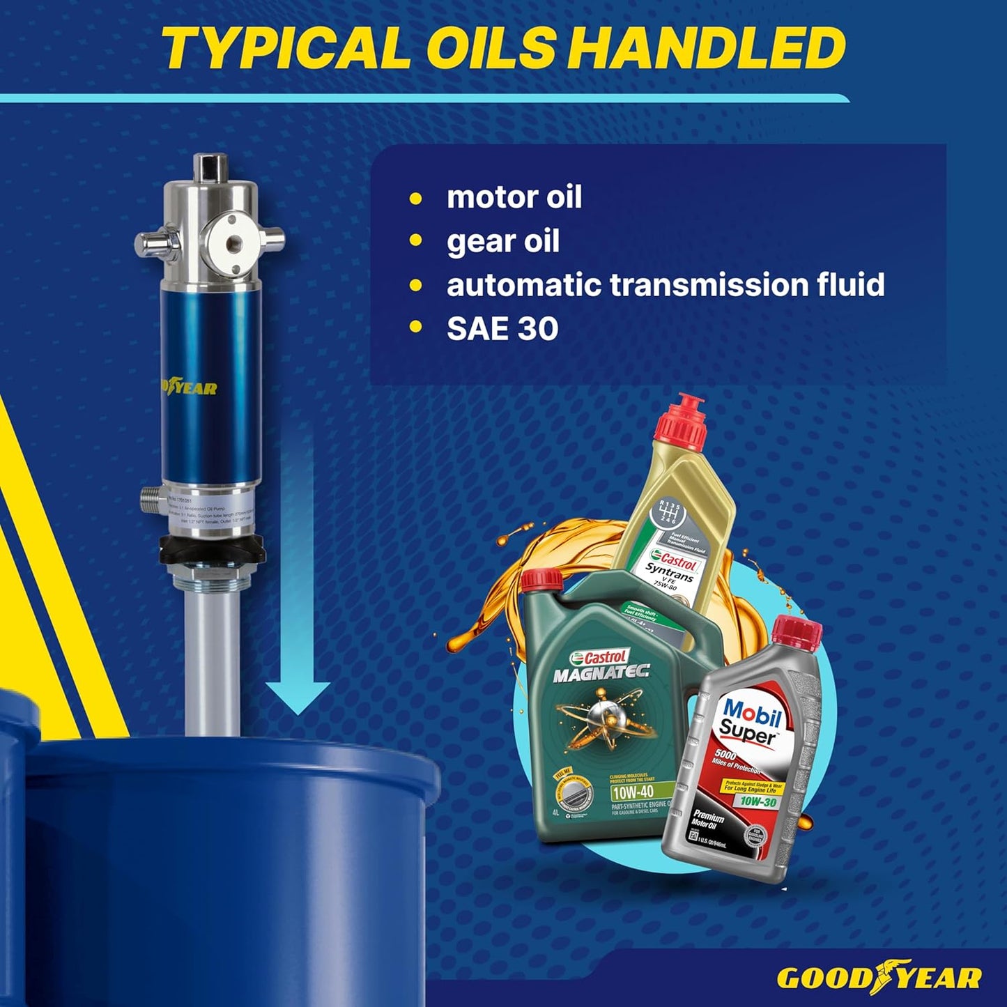Bomba neumática de tambor de transferencia de aceite Goodyear - 5:1, 3,2 GPM, entrada de aire de 1/4" NPT, salida de aceite macho de 1/2" NPT