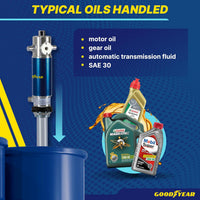 Bomba neumática de tambor de transferencia de aceite Goodyear - 5:1, 3,2 GPM, entrada de aire de 1/4" NPT, salida de aceite macho de 1/2" NPT