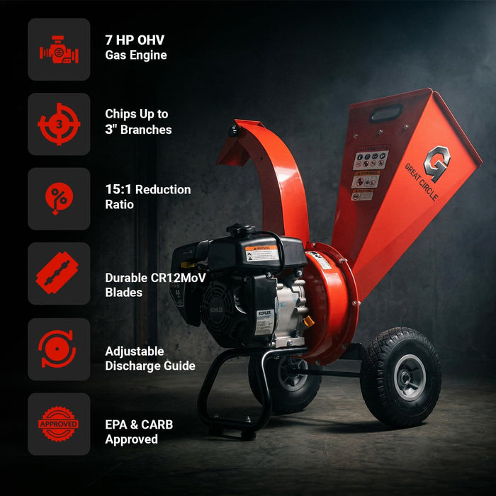 GreatCircleUSA Mini Wood Chipper - 7HP 212CC Engine, 3" Max Branches
