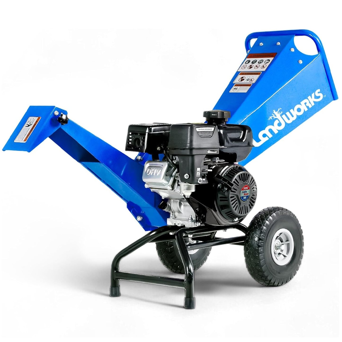 Astilladora de madera compacta Landworks - Motor de gas de 7HP, tolva de salida ajustable, diámetro máximo de rama de 3" (azul)