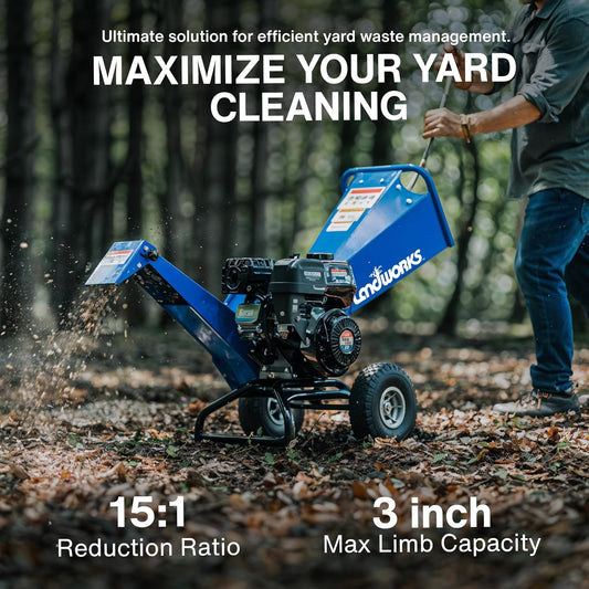 Landworks Compact Wood Chipper - 7HP Gas Engine, Adjustable Exit Chute, 3" Max Branch Diameter (Blue)