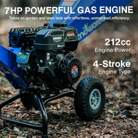 Astilladora de madera compacta Landworks - Motor de gas de 7HP, tolva de salida ajustable, diámetro máximo de rama de 3" (azul)