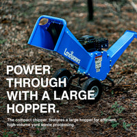 Astilladora de madera compacta Landworks - Motor de gas de 7HP, tolva de salida ajustable, diámetro máximo de rama de 3" (azul)