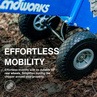 Astilladora de madera compacta Landworks - Motor de gas de 7HP, tolva de salida ajustable, diámetro máximo de rama de 3" (azul)