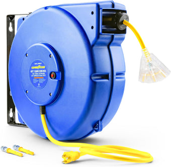 compare product Goodyear Heavy-Duty Retractable Extension Cord Reel - 12AWG, 65' Length, Triple Tap Connector, 1875W Power