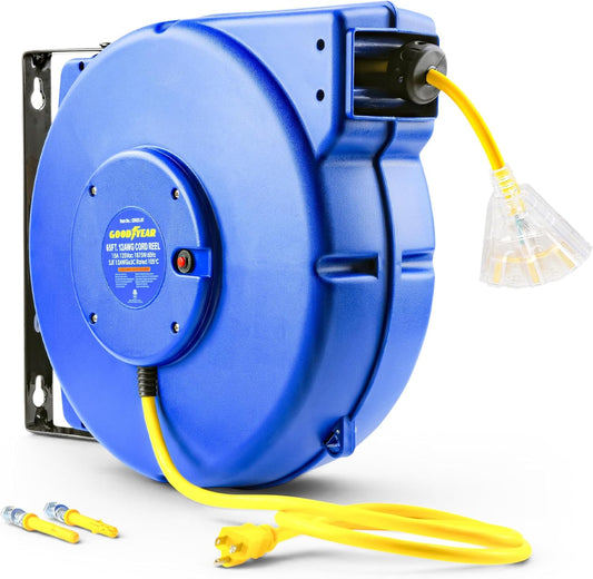 Goodyear Heavy-Duty Retractable Extension Cord Reel - 12AWG, 65' Length, Triple Tap Connector, 1875W Power