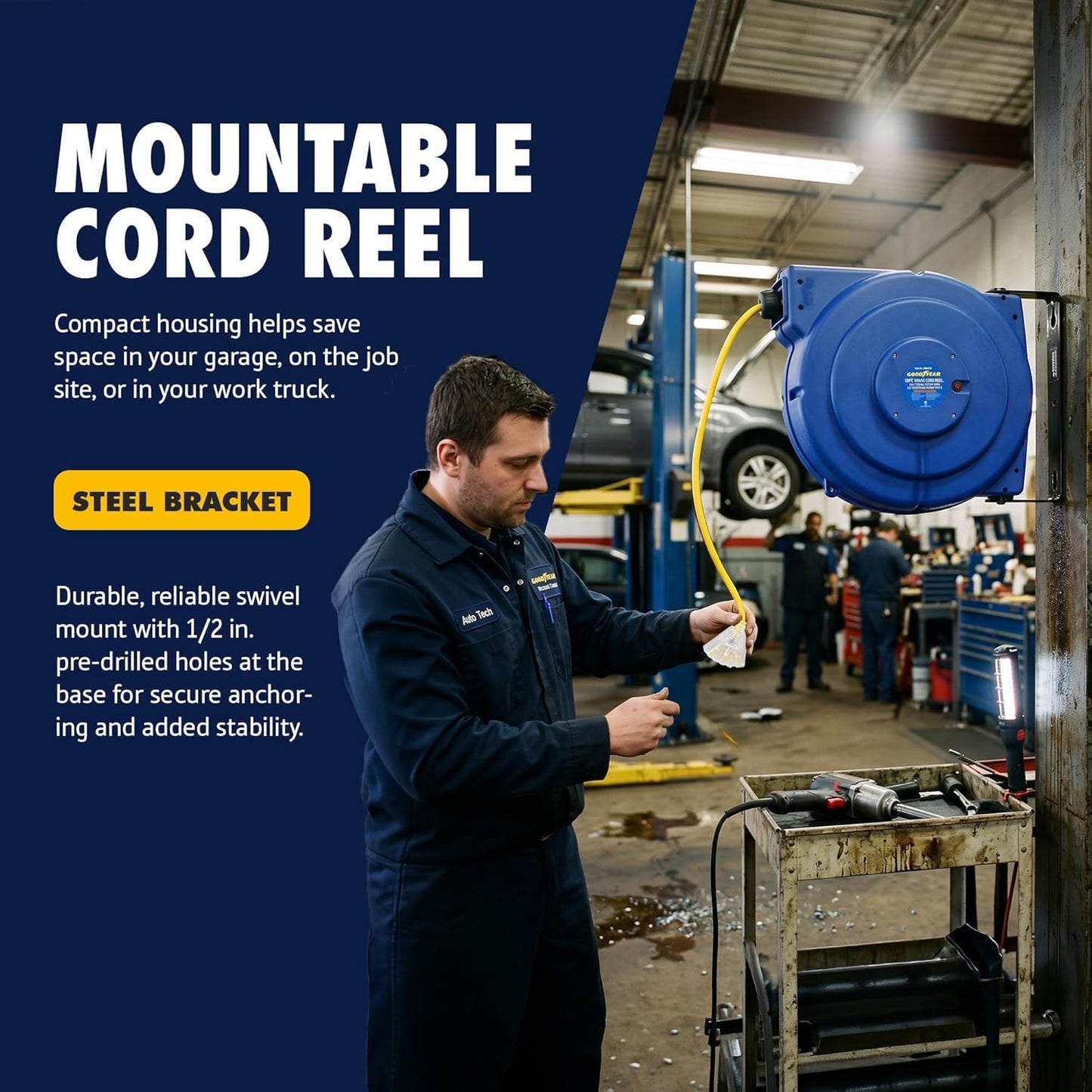 Goodyear Heavy-Duty Retractable Extension Cord Reel - 12AWG, 65' Length, Triple Tap Connector, 1875W Power