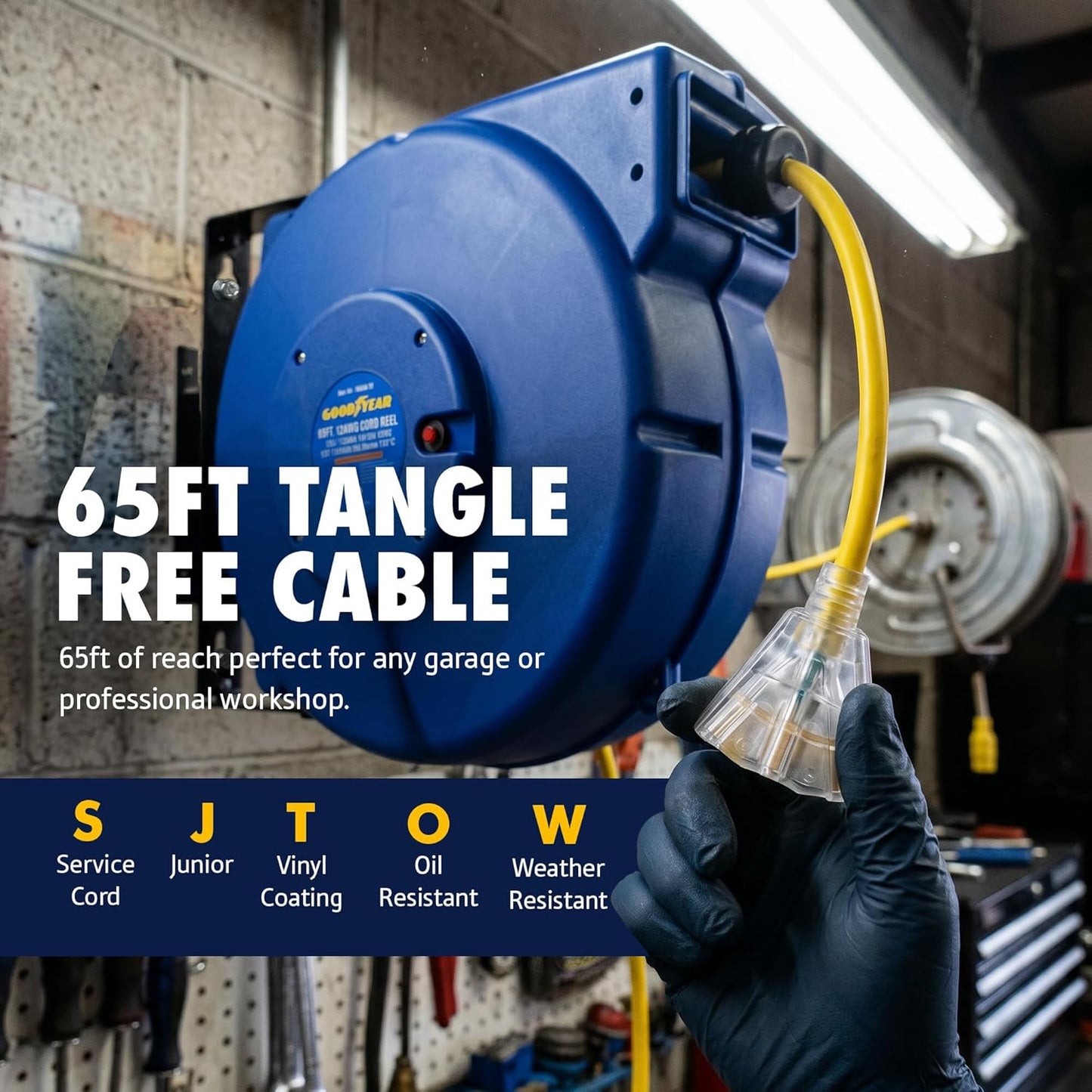 Goodyear Heavy-Duty Retractable Extension Cord Reel - 12AWG, 65' Length, Triple Tap Connector, 1875W Power