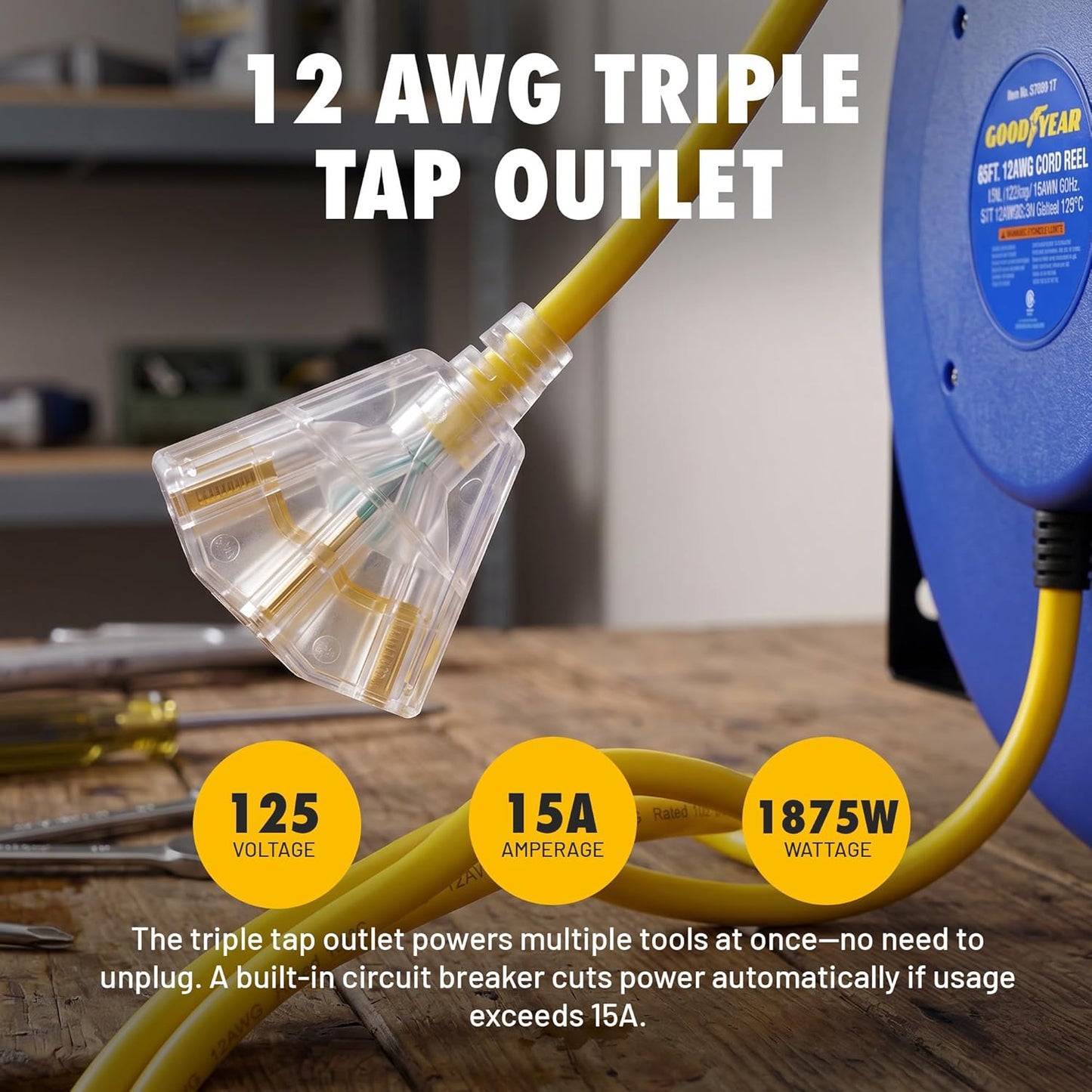 Goodyear Heavy-Duty Retractable Extension Cord Reel - 12AWG, 65' Length, Triple Tap Connector, 1875W Power