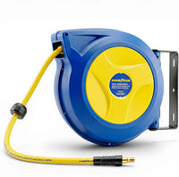 Goodyear Retractable Air Hose Reel, 3/8" × 50 FT, 300 PSI Hybrid Polymer Hose, Spring-Driven Automatic Rewind, Leak-Proof Swivel, Wall & Ceiling Mountable