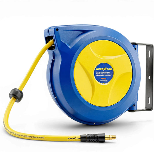 Goodyear Retractable Air Hose Reel, 3/8" × 50 FT, 300 PSI Hybrid Polymer Hose, Spring-Driven Automatic Rewind, Leak-Proof Swivel, Wall & Ceiling Mountable