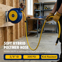 Goodyear Retractable Air Hose Reel, 3/8" × 50 FT, 300 PSI Hybrid Polymer Hose, Spring-Driven Automatic Rewind, Leak-Proof Swivel, Wall & Ceiling Mountable