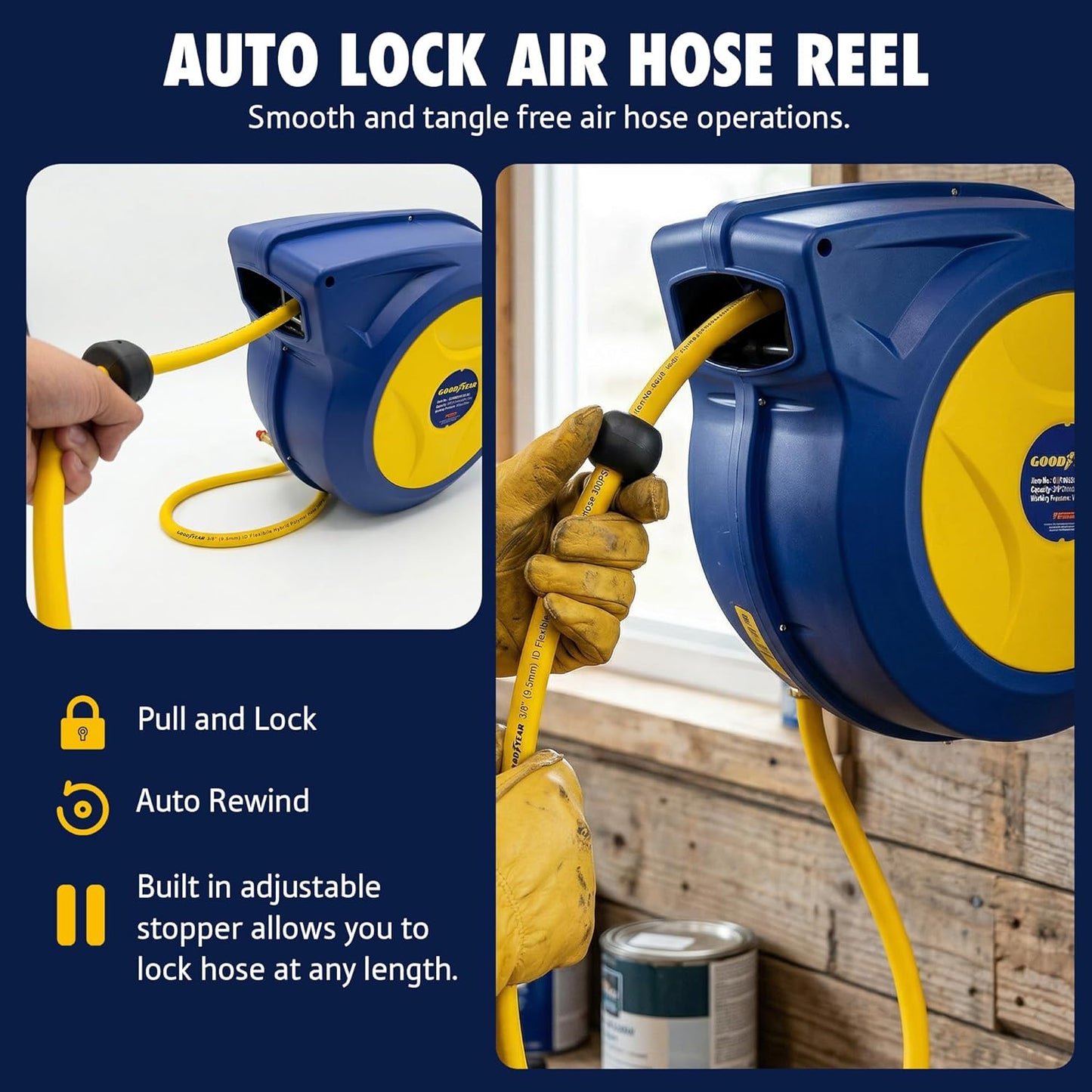 Goodyear Retractable Air Hose Reel, 3/8" × 50 FT, 300 PSI Hybrid Polymer Hose, Spring-Driven Automatic Rewind, Leak-Proof Swivel, Wall & Ceiling Mountable