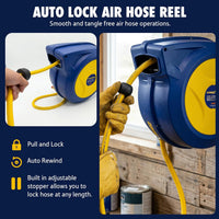 Goodyear Retractable Air Hose Reel, 3/8" × 50 FT, 300 PSI Hybrid Polymer Hose, Spring-Driven Automatic Rewind, Leak-Proof Swivel, Wall & Ceiling Mountable