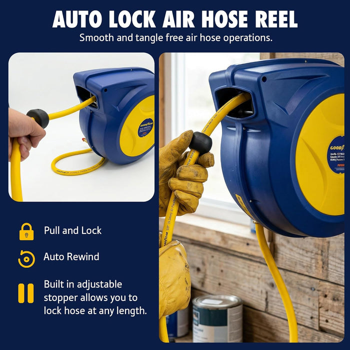 Goodyear Retractable Air Hose Reel, 3/8" × 50 FT, 300 PSI Hybrid Polymer Hose, Spring-Driven Automatic Rewind, Leak-Proof Swivel, Wall & Ceiling Mountable