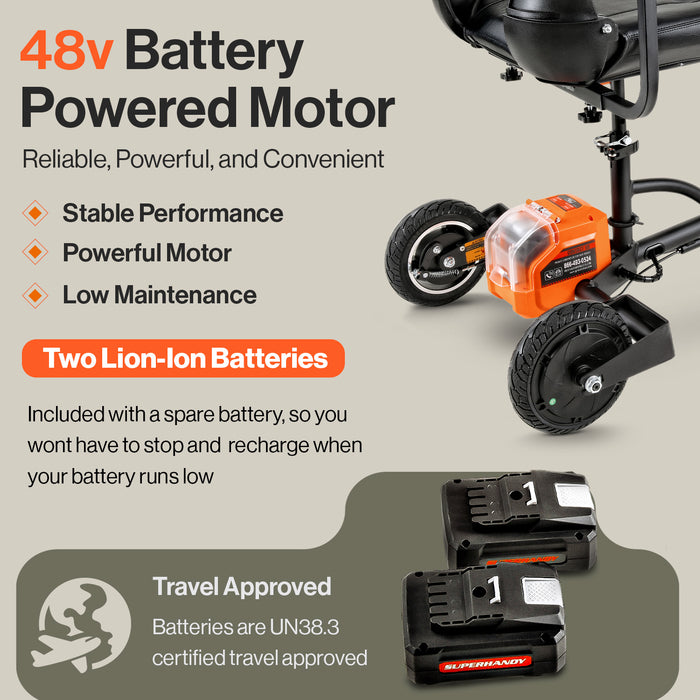 SuperHandy Passport Plus Mobility Scooter - 48V 2Ah Battery System, Foldable Aluminum Frame, 11 Mile Range