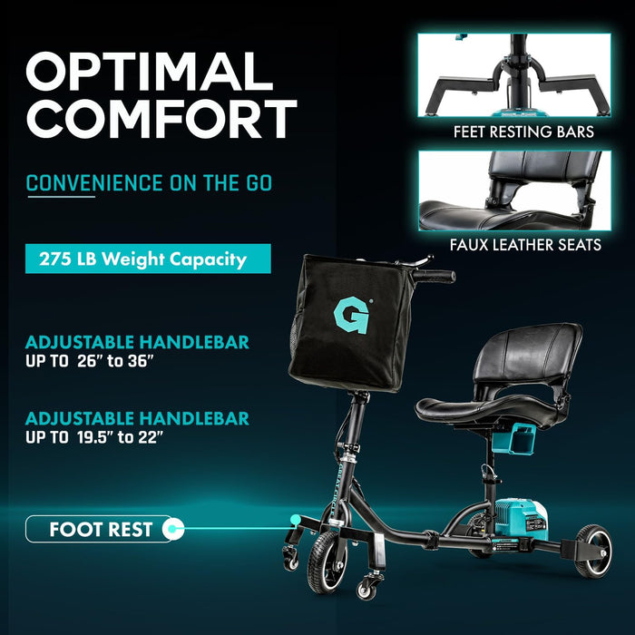 G Mobility Scooter – 3 Wheels, 35 lb Folding Aluminum Frame, Anti-Tip Footrests, Includes (1) 48V 2Ah Li-Ion Battery and Charger, Supports 275 lbs, Airline Friendly