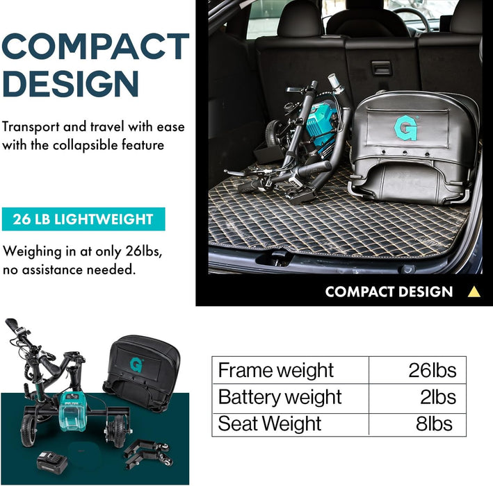 G Mobility Scooter – 3 Wheels, 35 lb Folding Aluminum Frame, Anti-Tip Footrests, Includes (1) 48V 2Ah Li-Ion Battery and Charger, Supports 275 lbs, Airline Friendly