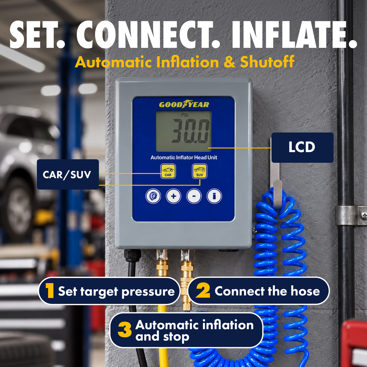 Goodyear Automatic Inflator Head Unit – Wall-Mountable Digital Tire Pressure Controller, 7–174 PSI, ±0.3 PSI Accuracy, 29.5 ft Air Hose, 110–240V AC, Air Compressor Required