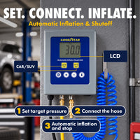 Goodyear Automatic Inflator Head Unit – Wall-Mountable Digital Tire Pressure Controller, 7–174 PSI, ±0.3 PSI Accuracy, 29.5 ft Air Hose, 110–240V AC, Air Compressor Required