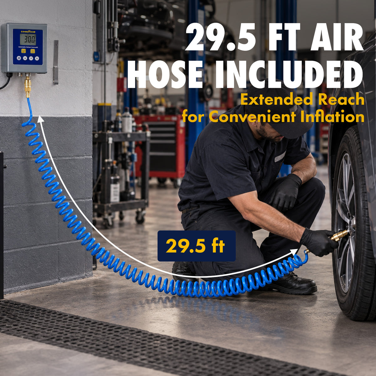 Goodyear Automatic Inflator Head Unit – Wall-Mountable Digital Tire Pressure Controller, 7–174 PSI, ±0.3 PSI Accuracy, 29.5 ft Air Hose, 110–240V AC, Air Compressor Required