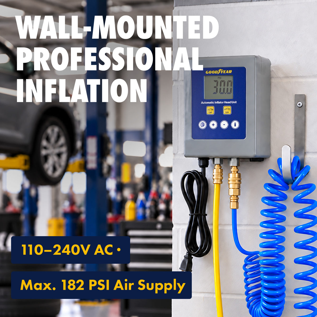 Goodyear Automatic Inflator Head Unit – Wall-Mountable Digital Tire Pressure Controller, 7–174 PSI, ±0.3 PSI Accuracy, 29.5 ft Air Hose, 110–240V AC, Air Compressor Required
